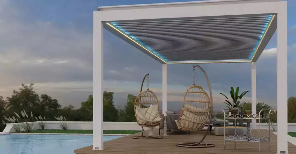 Bioklimatik pergola lamel tavan sistemi ve yağmur tahliyeli gölgelendirme çözümü